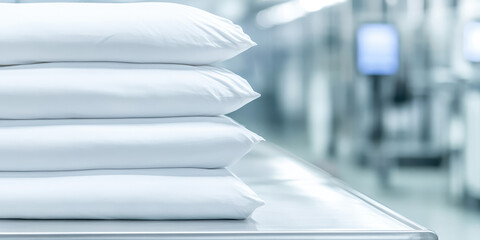 A stack of white pillows sits neatly on a smooth surface in a well-lit indoor setting, evoking a sense of cleanliness and order. Textile organization concept