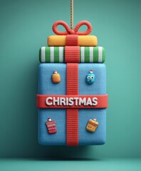 Obraz premium Close-up of a blue gift box with a red ribbon against a vibrant green background, perfect for festive themes.