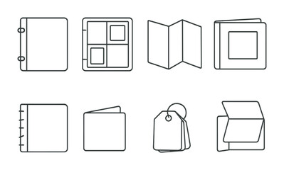 Line style icons of scrapbooking album formats: ring binder book, pocket page style, accordion fold journal, hardcover photo album, DIY stitched spine, small square booklet, mini tag album, flip-up
