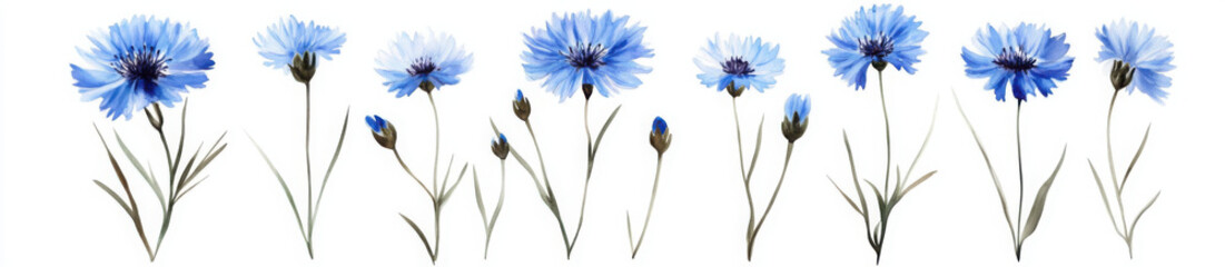 This set features hand-painted watercolor blue cornflowers and other wildflowers, isolated on a white background, perfect for design and print projects.