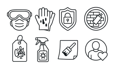 Line style icons of safety and legality: mask + goggles icon, gloves with paint drops, “permission wall” badge, legal graffiti zone symbol, tag responsibly sticker, clean-up spray bottle, paint