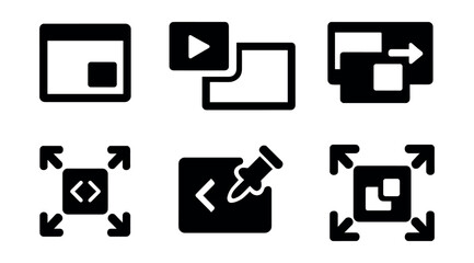 Solid style icons of floating vs fullscreen mode: windowed mode icon, floating player, side-by-side vs full icon, picture-in-picture exit, detach from fullscreen, embed toggle icon, pin vs fullscreen