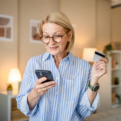 mature happy woman online shopping at home on mobile phone