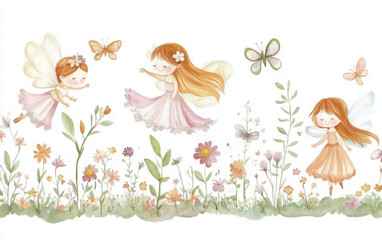 Hand-painted watercolor scene of a floral meadow with soft abstract blooms and playful fairies, forming a horizontal border ideal for children's room murals, wallpapers, or cover designs.Hand-painted 