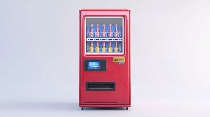 Red vending machine with beverages displayed in a  setting.