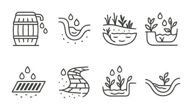 Line style icons of stormwater greening: rain barrel, curb cut swale, retention basin icon, water channel to soil, green roof drain, raingarden overflow symbol, storm filter grate, absorbent path.