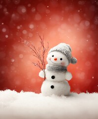 A white snowman with a carrot nose standing on fresh snow under a clear winter sky during daytime.