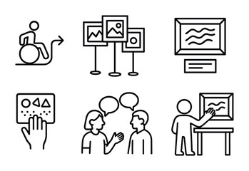 Obraz premium Line style icons of inclusive art exhibition prep: accessible gallery route, multiple height display frame, large-print artwork label, tactile symbol panel, recorded audio description icon, peer-led