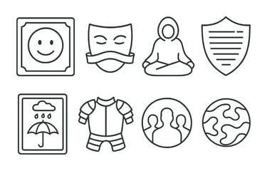 Fototapeta premium Line style icons of personal protective visuals: emotion boundary frame, “not today” mask, cloak of calm icon, shield of words, storm umbrella card, visual armor drawing, circle of trust badge,