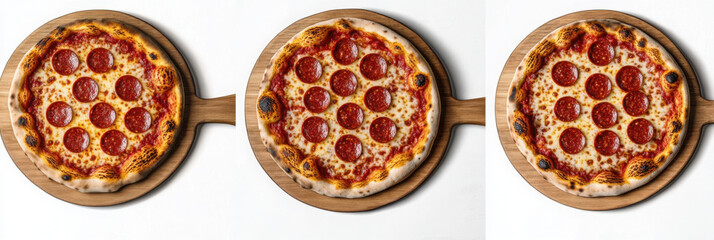 A delicious New York-style pepperoni pizza displayed on a traditional pizza peel, captured in a food photography style against a clean white background.