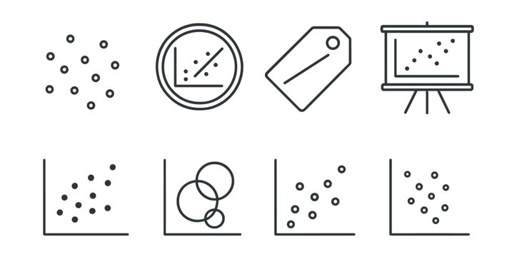 Line style icons of scatter diagrams: data points icon, correlation graph badge, trendline tag, variable data file, distribution chart board, comparison scatter chart, data grouping bubble, plotted