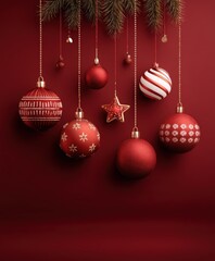 Red Christmas ornaments hanging densely on a green pine tree, festive decoration in daylight.