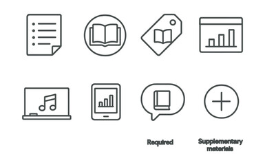 Line style icons of course materials: reading list icon, textbook badge, reference guide tag, lecture slides file, audio file board, e-book chart, required readings bubble, supplementary materials