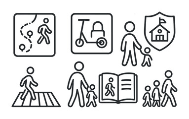 Line style icons of school travel plans: walk-to-school map, scooter parking area, bike lockup sign, green school badge, safe crosswalk path, adult crossing buddy, trip journal, walking bus icon.