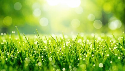 Obraz premium Fresh Wet Grass with Dew Drops in Spring Morning