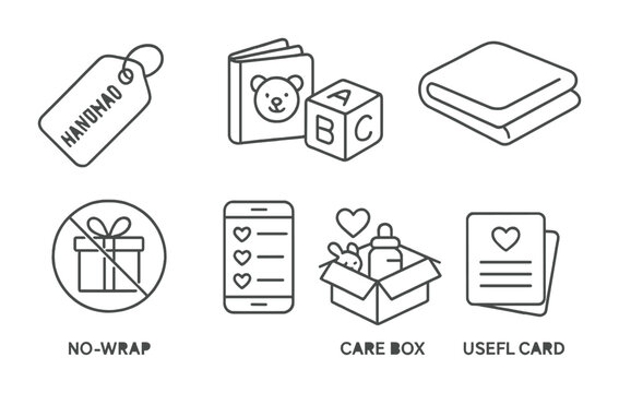 Line style icons of sustainable gifting for babies: handmade tag, storybook set, wooden toy block, organic blanket, no-wrap icon, shared wishlist, care box idea, useful card.