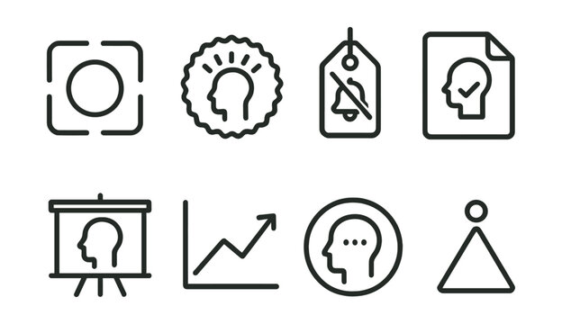 Line style icons of focus and concentration: focus icon, concentration badge, distraction-free tag, single-tasking file, mindful work board, deep focus chart, mental clarity bubble, attention symbol.