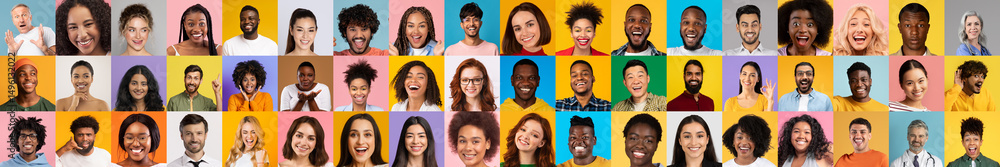 Poster a vibrant collage features diverse individuals smiling joyfully against colorful backgrounds. each p