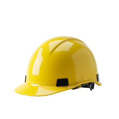 Fototapeta premium Used yellow safety helmet with scratches and dirt marks, isolated on white background
