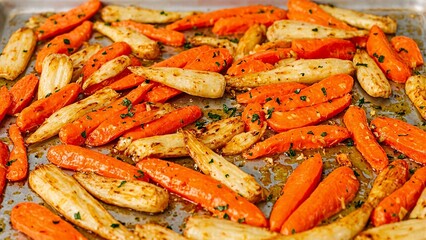 Freshly roasted carrots and parsnips drizzled with honey and herbs beautifully presented on a baking sheet Perfect for food and cooking concepts
