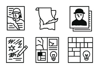 Line style icons of remix and collage street art: mixed photo + word poster, old paper re-layered, tear + paste overlap, scan + print fusion, stencil over poster symbol, mismatch layout grid, scratch