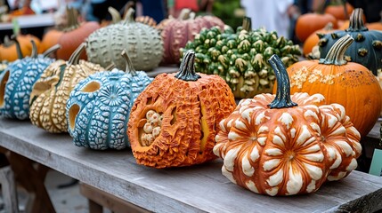 Ornate pumpkins displayed on a rustic wooden surface.