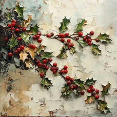Holly branches with berries against a textured background.