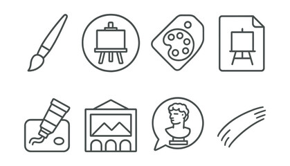 Line style icons of fine arts: paintbrush icon, easel badge, artist palette tag, canvas file, oil paint board, art gallery chart, sculpture bubble, brush stroke symbol.