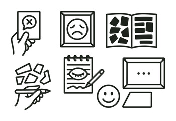 Line style icons of expression without words: silent sketch card, image for today’s feeling, collage from cut pieces, blackout poetry page, draw with closed eyes, emoji + shape story, visual response
