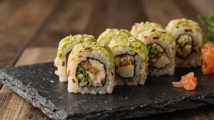 Delicious vegan sushi platter with fresh avocado and tofu served elegantly with pickled ginger and wasabi on a sleek slate plate