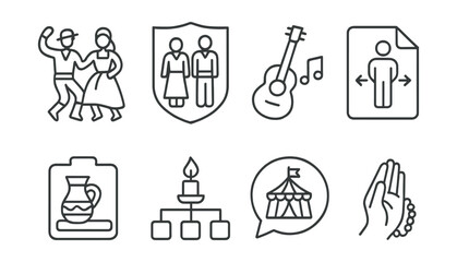 Fototapeta premium Line style icons of cultural traditions: folk dance icon, local attire badge, traditional music tag, customs file, heritage craft board, ritual chart, festival bubble, cultural practice symbol.