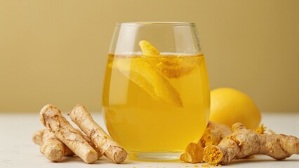 Refreshing turmeric ginger immunity shot in a glass vial garnished with lemon wedges and root pieces perfect for a healthy lifestyle