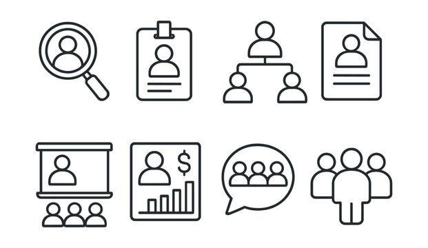 Line style icons of human resources: recruitment icon, employee badge, team management tag, interview file, training board, payroll chart, staff roster bubble, workforce symbol.