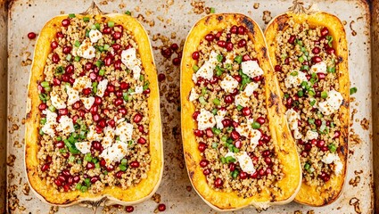 Delicious roasted squash halves filled with quinoa vibrant pomegranate seeds and savory feta cheese Perfect for food and health concepts