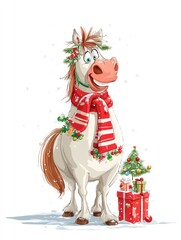 Cartoon horse with decorated Christmas tree and wrapped presents on white background for holiday designs.
