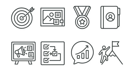 Line style icons of goal-setting coaching: goal target icon, vision board badge, achievement tag, personal objectives file, motivation board, action plan chart, success milestones bubble, goal
