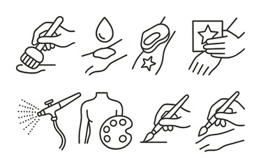 Line style icons of body art tools in use: hand holding body brush, paint drop on skin, sponge blending color, stencil being pressed, airbrush in motion, palette near body icon, small detail brush in