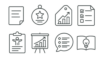 Line style icons of coaching tools: worksheet icon, reflection prompt badge, progress tracker tag, task list file, exercise sheet board, goal chart, planning template bubble, coaching resource symbol