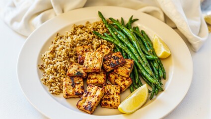 Fresh and healthy vegan protein plate with grilled tofu wild rice green beans and a zesty lemon wedge Perfect for nutrition and wellness concepts