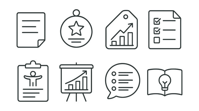 Line style icons of coaching tools: worksheet icon, reflection prompt badge, progress tracker tag, task list file, exercise sheet board, goal chart, planning template bubble, coaching resource symbol