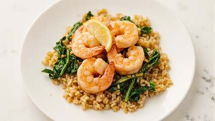 Delicious lemon garlic grilled shrimp over brown rice with sauted greens on a chic white plate Perfect for food blogs and restaurant menus