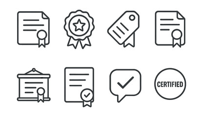 Line style icons of test certificates: certificate icon, awarded badge, course completion tag, qualification file, diploma board, certification chart, result confirmation bubble, certified symbol.