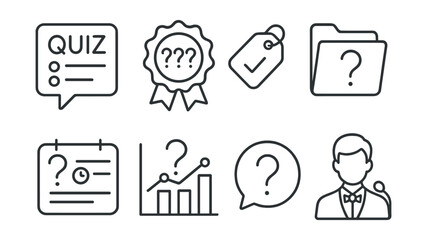 Line style icons of quiz preparation: quiz icon, question set badge, preparation tag, question bank file, quiz schedule board, trivia chart, practice bubble, quizmaster symbol.