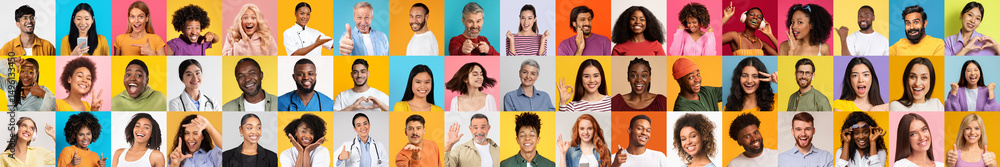 Poster a colorful collection of diverse individuals displaying joy and excitement in a lively collage. each