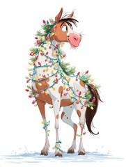 A horse decorated with colorful Christmas lights wrapped around its head and tail against a plain white background.