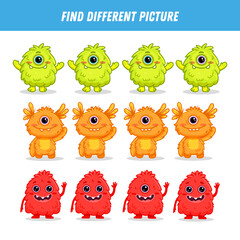Find different monster each row. Logical game for kids. Cartoon monster. Flat illustration.