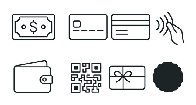 Line style icons of payment methods: cash icon, debit card, credit card, contactless pay symbol, e-wallet, QR code scan, gift card icon, BNPL (buy now pay later) badge.