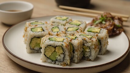 Fresh vegetarian sushi rolls with creamy avocado and wholesome whole grains served elegantly on a ceramic plate with a side of soy sauce and chopsticks