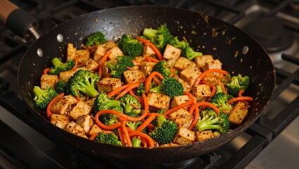 A delicious and colorful veggie stir fry in a wok showcasing tofu broccoli carrots and sesame oil sizzling on a stovetop