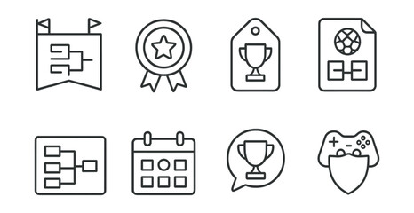 Line style icons of tournament events: tournament icon, competition badge, winner’s cup tag, final match file, bracket board, event schedule chart, trophy bubble, game tournament symbol.